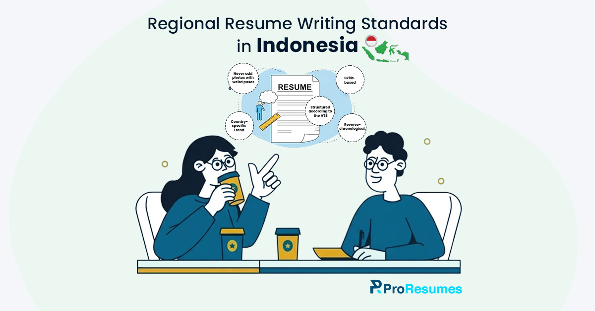 Regional resume writing standards in Indonesia infographic showing CV tips, ATS-friendly structure, skills-based format, and reverse chronological resume guidance.